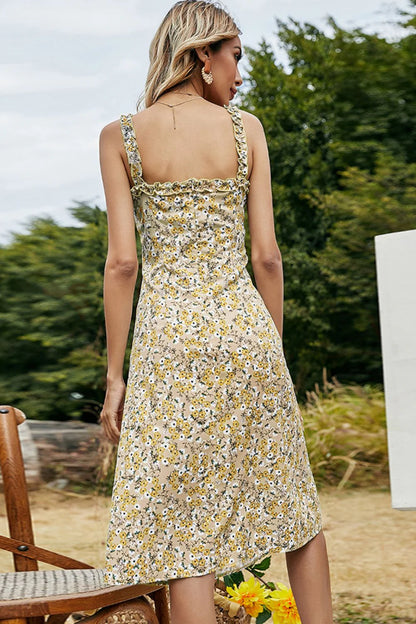Shiny Floral Frill Trim Sleeveless Dress