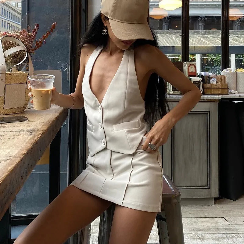 2 Piece Set- Fashion Casual V-Neck Sleeveless Suit Tank Top with High-Waist Bodycon