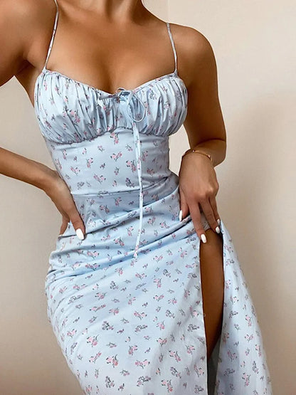 2025 Sleeveless Satin Slip Floral Ruched Bandage Cut Out Maxi Dress Summer Women Fashion Sexy Party Club Robe Kpytomoa